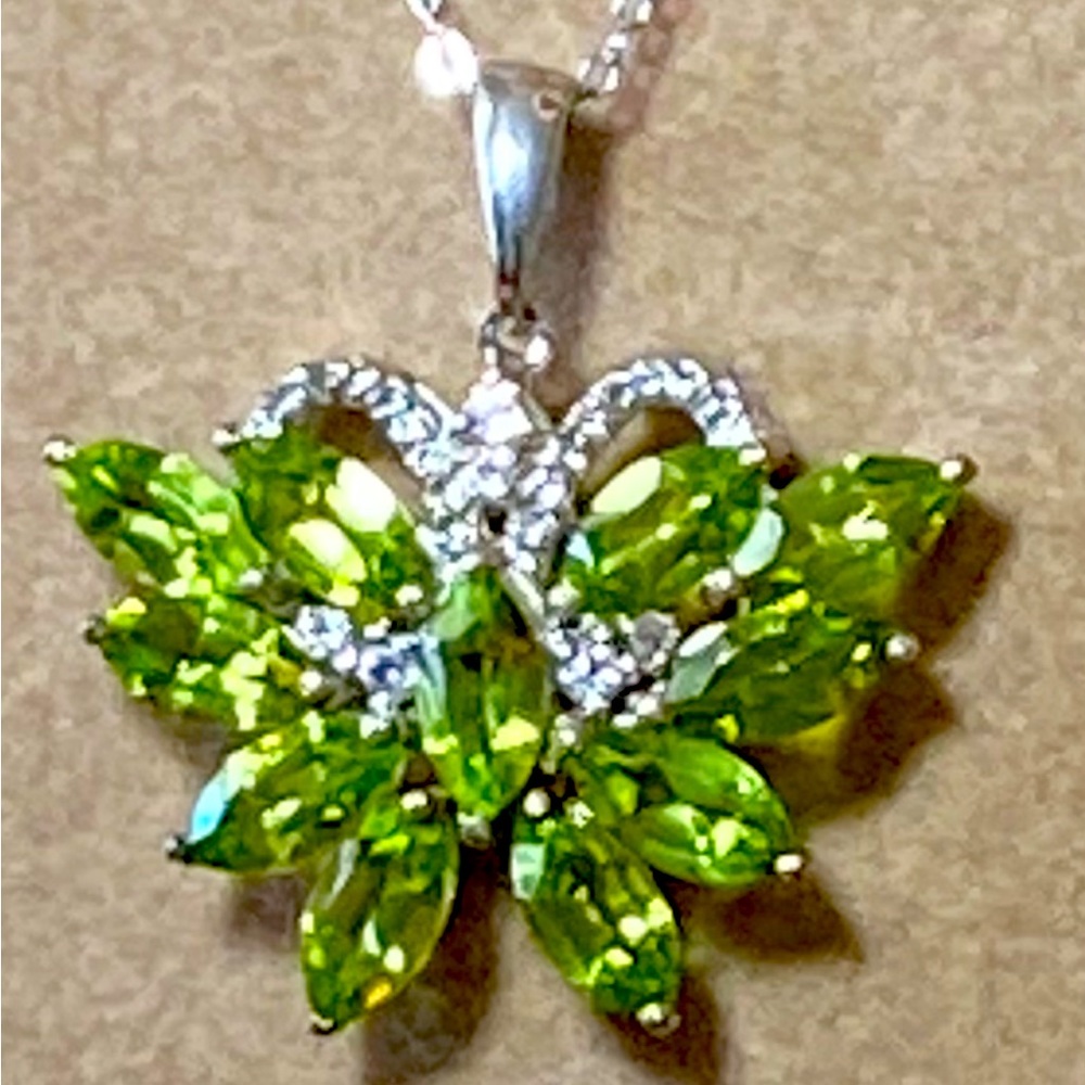 Peridot Butterfly Pendant 18” Platinum Over 925 Silver